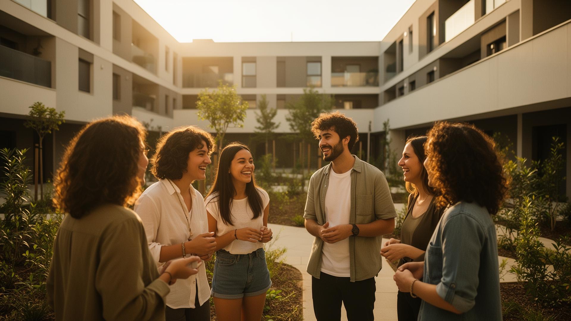 Vecinos jóvenes conversando en un patio comunitario de una promoción de vivienda protegida