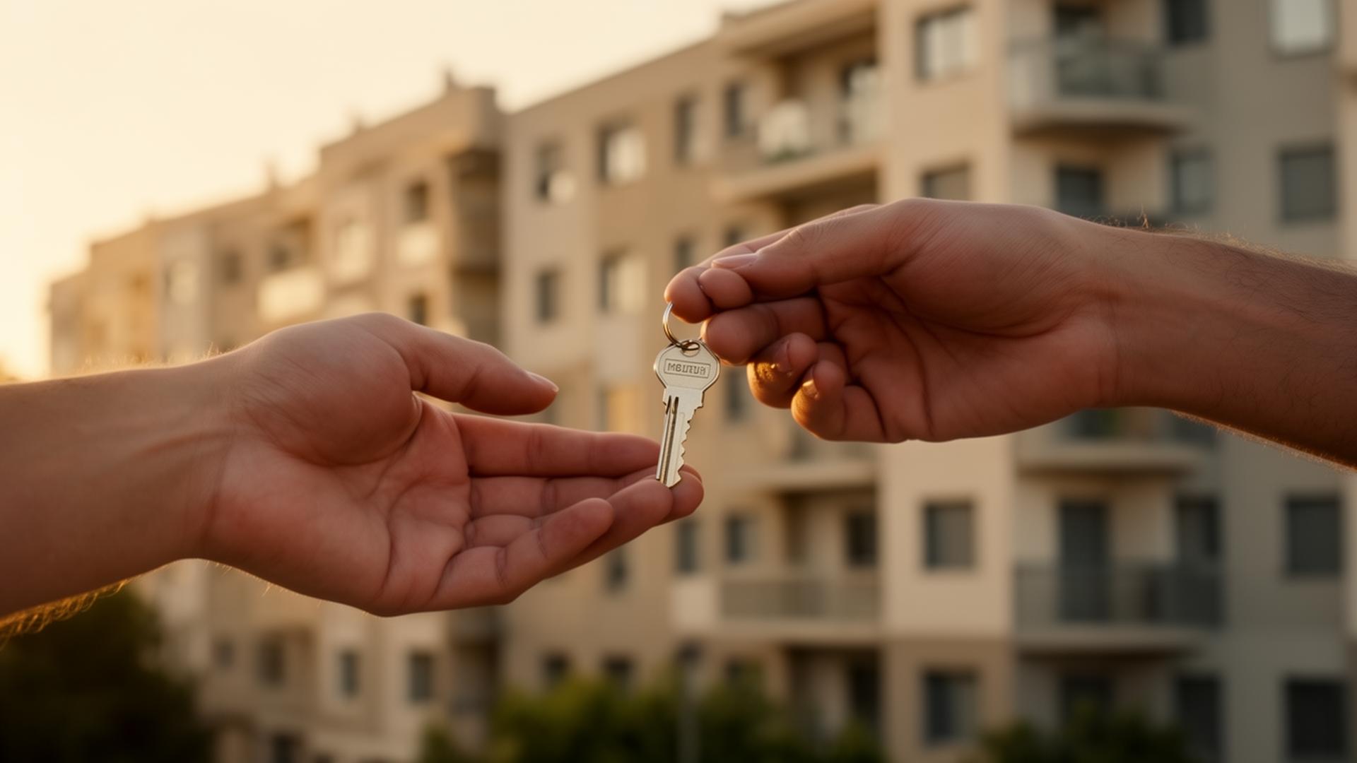 Dos manos entregando las llaves de una nueva vivienda protegida